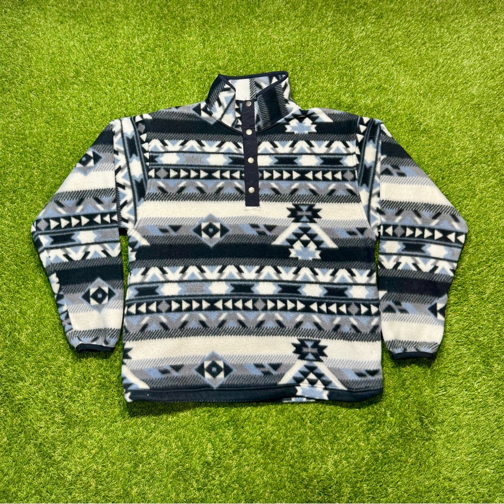 Vintage White Sierra Aztec Fleece Sweatshirt Snap Adult Medium White Black